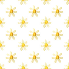 Fototapeta na wymiar Hand-drawn with paints pearly chamomile on white background, seamless pattern