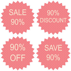 Big sale 90%  label or price tag, vector illustration