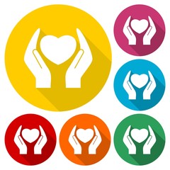 Heart in hands sign icons set with long shadow