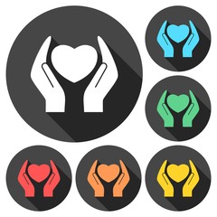 Heart in hands sign icons set with long shadow