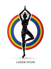 Yoga pose designed using grunge brush on rainbows background graphic vector.
