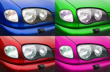 Collage of different car lights. Four photos.