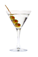elegant martini glass with green olive and toothpick isolated on white