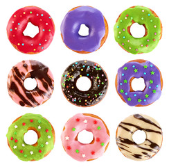 Donuts with colored glaze and chocolate, isolated on white backg