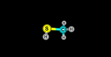 3D illustration of Methanethiol molecular structure isolated on black