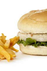 chicken hamburger with potato fries