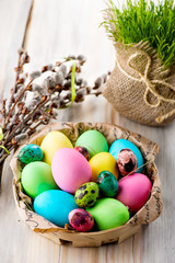Colorful Easter eggs in the basket with willow branches