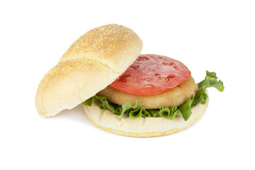 chicken hamburger with slice tomato and lettuce leaf