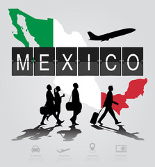 Infographic silhouette people in the airport for Mexico flight