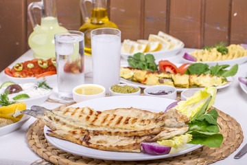 Turkish and Greek Traditional Dinning Table with Special Alcohol Drink Raki, Ouzo