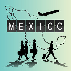 Infographic silhouette people in the airport for Mexico flight