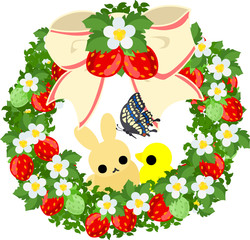 A beautiful strawberry wreath and a pretty rabbit and little bird and butterfly