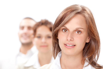 beautiful brunette girl smile portrait with people background