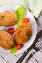Scotch Eggs Served with Tomato Cherry and Salad on White Plate. View From Above, Top Studio Shot
