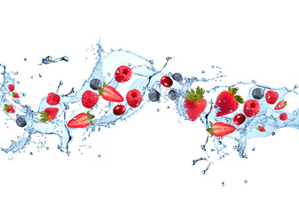 Water splash with fruits isolated on white backgroud. Fresh strawberry