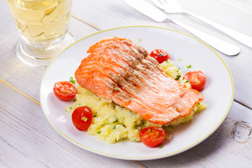 Salmon, Tomato and Smashed Potato with  Spring Onion and Coriander