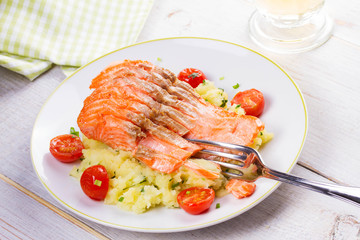 Salmon, Tomato and Smashed Potato with  Spring Onion and Coriander