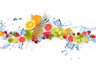 Rolgordijnen Fresh fruits falling in water splash, isolated on white background © verca