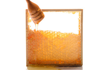 Fresh honey with honeycomb taken on white background