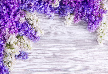 Lilac Flower Background, Blooms Pink Flowers on Wood Plank