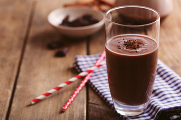 Glass of chocolate milk on table close-up
