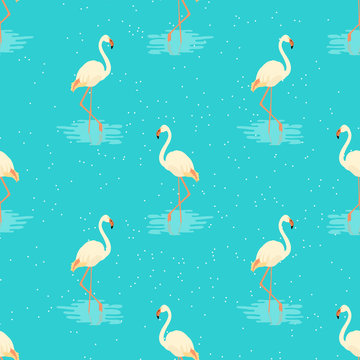 Seamless pattern of white flamingos standing in water on one leg. Vector illustration of exotic birds. Flat flamingo bird symbol. Flamingo silhouette isolated on blue background. Wildlife concept.