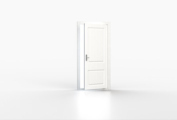 Bright light shining through open white door on white background
