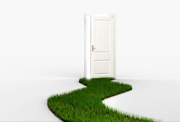 Fresh green grass path leading to open white door