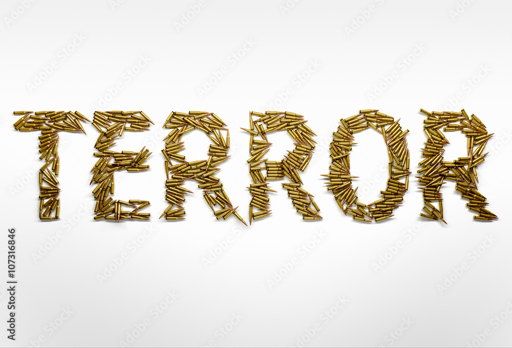 Fototapete concept of terrorism. word terror typed with font made of bullet