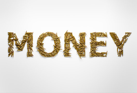 Concept of money made on war and conflicts. Word money typed wit