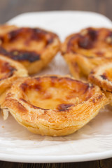 portuguese dessert pasteis de nata on white dish on brown wooden background