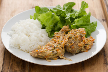 rabbit with sauce,  boiled rice and salad on white plate