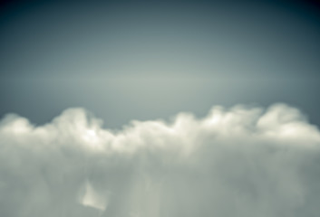 View from top on fluffy clouds lit by sun. Realistic 3d render