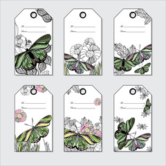 set hand Floral gift tags with butterfly. Hand drawn graphic lin