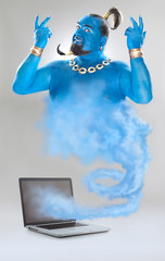 genie of the lamp with smoke from laptop isolated on grey - obrazy, fototapety, plakaty