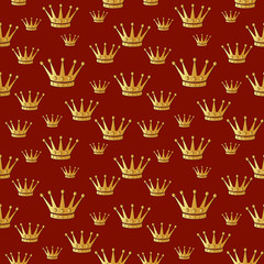 Gold crown on a red. Seamless vector background.