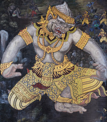 Traditional Thai paintings of Ramayana epic at Wat Phra Kaew in Bangkok, Thailand © boonsom