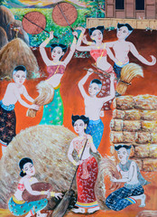 Native Thai mural painting of Rice harvest festival