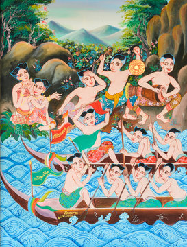 Native Thai mural painting of Long boat race festival