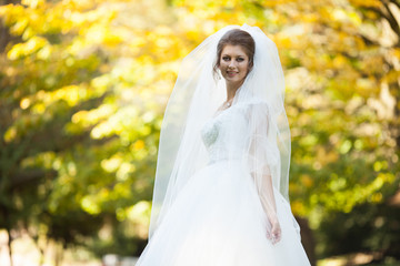 beautiful happy stylish bride  on the background of  beautiful t