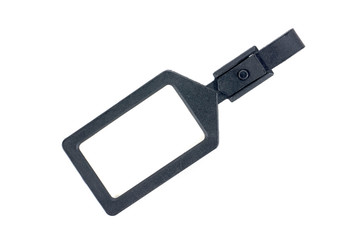 Black plastic luggage tag label isolated on white background