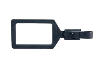 Black plastic luggage tag label isolated on white background