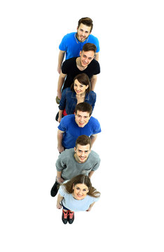 casual group of happy people isolated over white