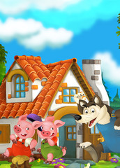 Obraz na płótnie Canvas Cartoon fairy tale scene with pigs - illustration for children