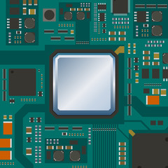 Fototapeta premium electric circuit board, various IC chips and electronic components, vector illustration