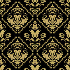 Damask seamless black and golden ornament. Traditional pattern. Classic oriental background