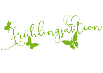 Frühlingsaktion - grüner Schriftzug mit Schmetterlingen