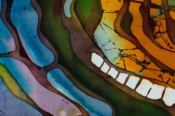 Rice terraces, fragment, hot batik, handmade abstract surrealism art on silk, background texture