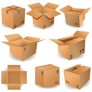 Open and closed delivery cardboard 3d realistic decorative isolated vector illustration