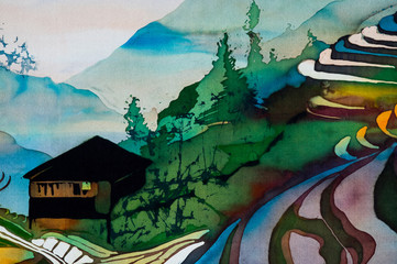 Fototapeta na wymiar House on rice terraces, fragment, hot batik, handmade abstract surrealism art